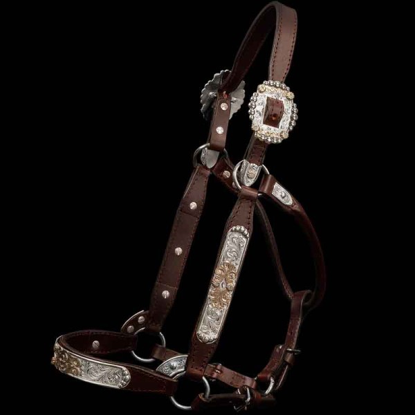 It's Show Time Folks!  Hit the ground proudly enterring the ring with this completely new design.  This lovely Show Halter "Shows off" with it's hand engraved German Silver pieces with floral Jeweler's Bronze pieces.  Each cheek piece has two fl